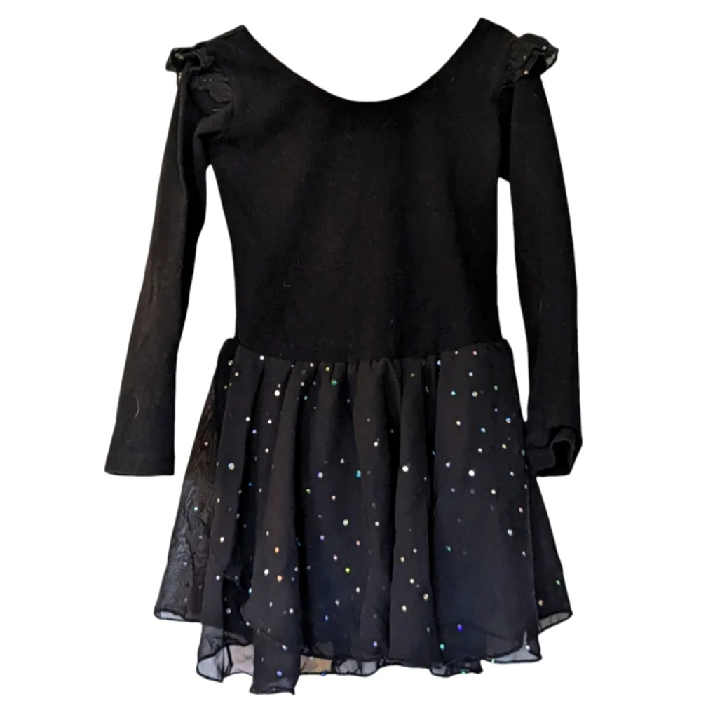 Danswan Dance leotard Size 6-7 black long sleeves sparkle attached skirt